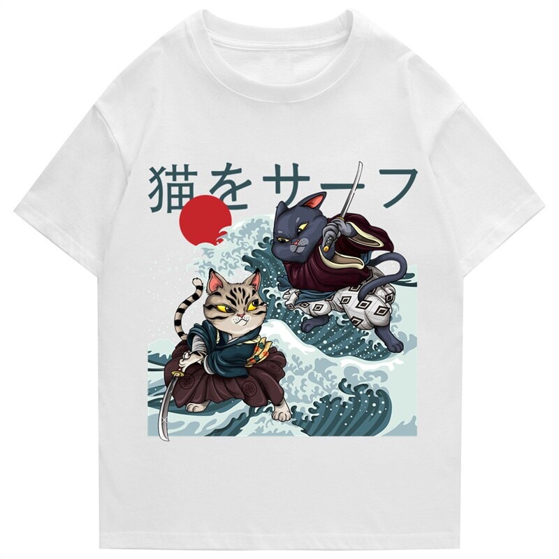 kawaiies-softtoys-plushies-kawaii-plush-Two Samurai Cats Battling on Waves Unisex Tee Apparel White S 