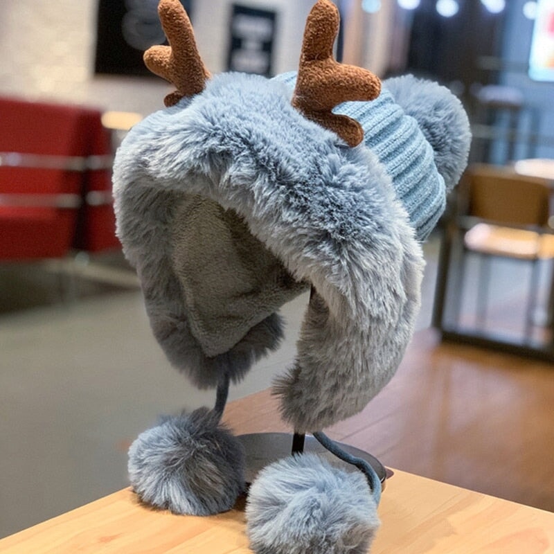 Winter Faux Fur Reindeer Beanie Hat - Kawaiies - Adorable - Cute - Plushies - Plush - Kawaii